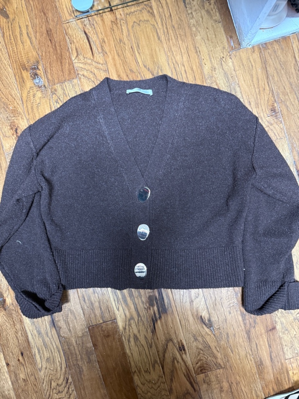 Cropped Brown V-Neck Button Cardigan Sweater
